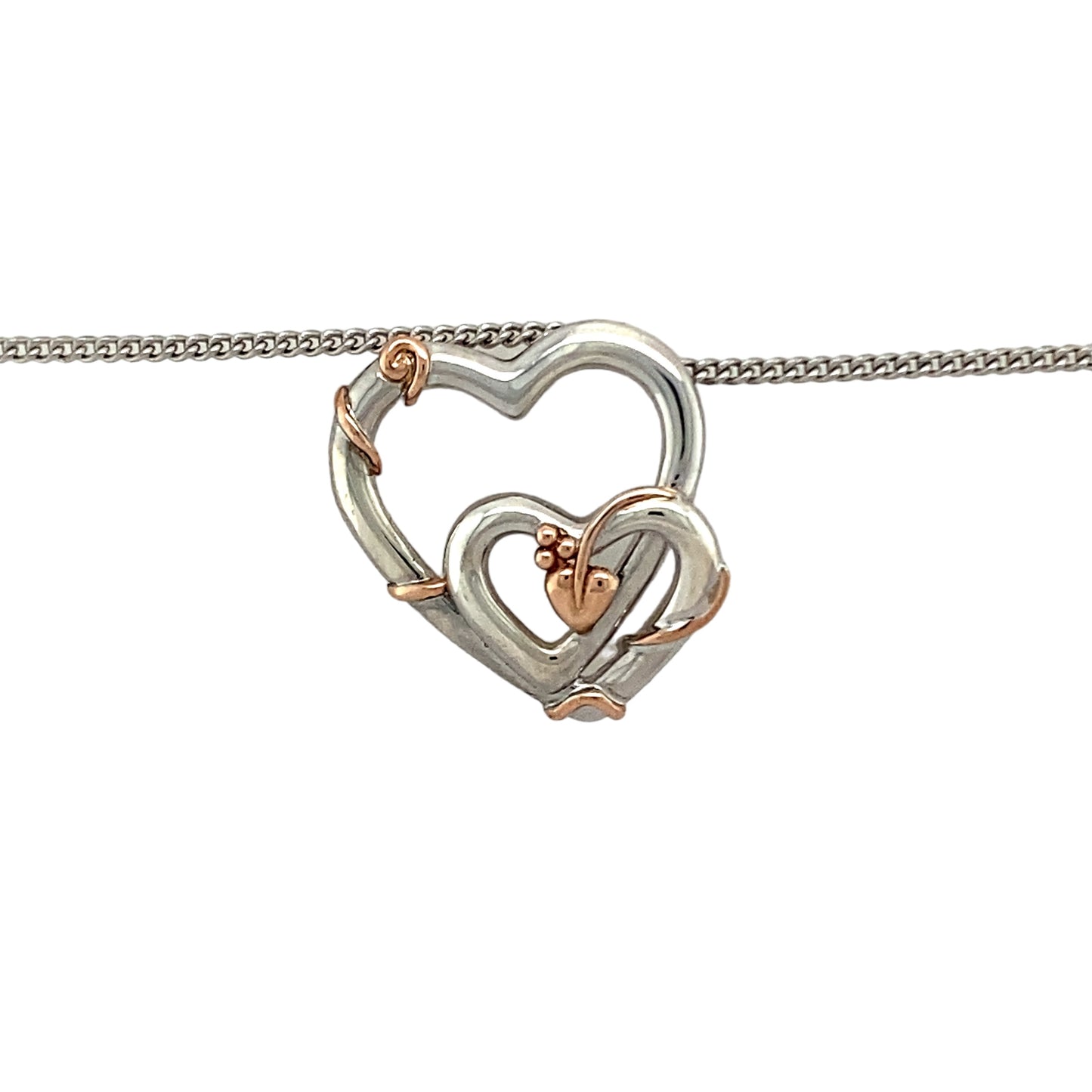 Preowned 925 Silver with 9ct Rose Gold Clogau Tree of Life Double Heart Pendant on an adjustable 18", 20" - 22" Clogau curb chain with the weight 6 grams. The pendant is 2.2cm long