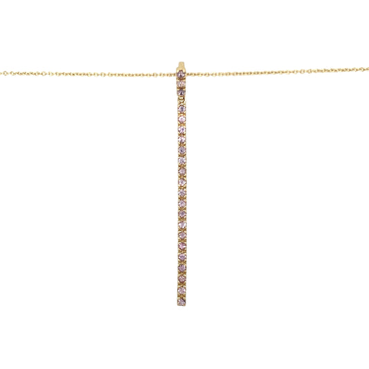 Preowned 9ct Yellow Gold & Lavender Cubic Zirconia Bar Pendant on an adjustable 16" - 18" trace chain with the weight 3.70 grams. The stones are each approximately 2mm diameter