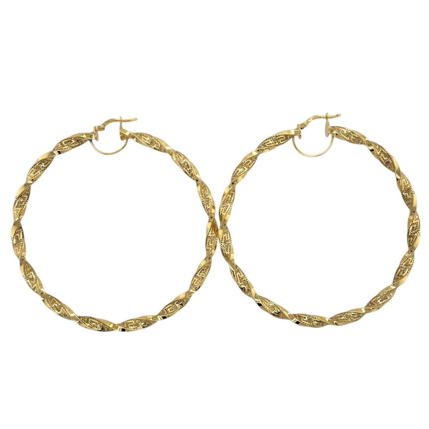 New 9ct Gold 67mm Greek Key Twisted Creole Hoop Earrings