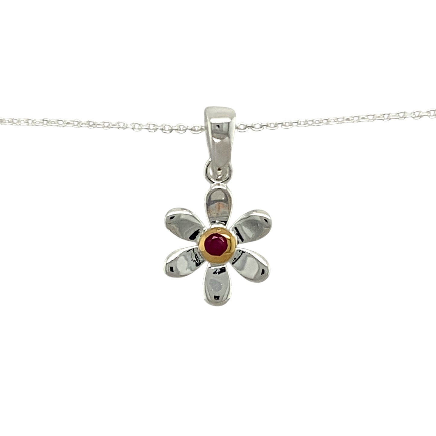 Add a touch of elegance and personal meaning to your jewellery collection with this new 925 silver & ruby set flower July birthstone pendant necklace, featuring:
Design: A delicate flower-shaped pendant, set with a vibrant ruby birthstone at its centre for a timeless and meaningful touch.
Material: 925 sterling silver, with a gold-plated setting around the ruby for added warmth and contrast.
Gemstone: Features a 2mm diameter ruby, known as the birthstone for July, symbolising passion and prosperity.