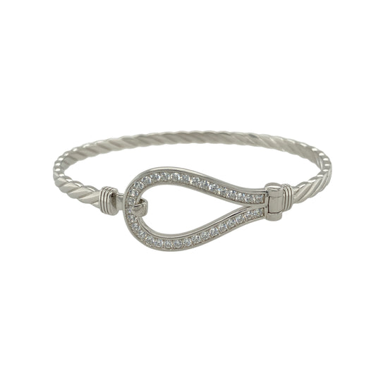 New Solid 925 Silver & Cubic Zirconia Horseshoe Twisted Bangle