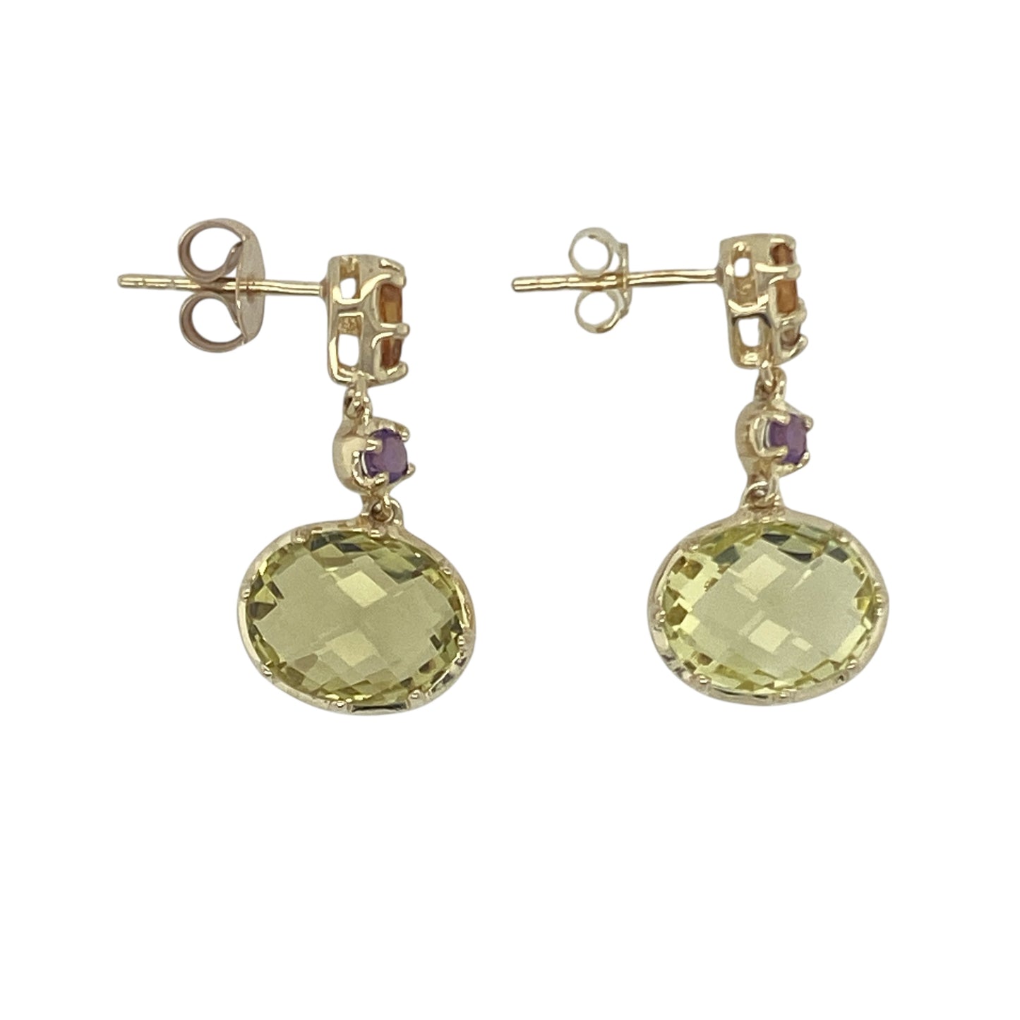 9ct Gold Peridot, Citrine & Amethyst Set Drop Earrings