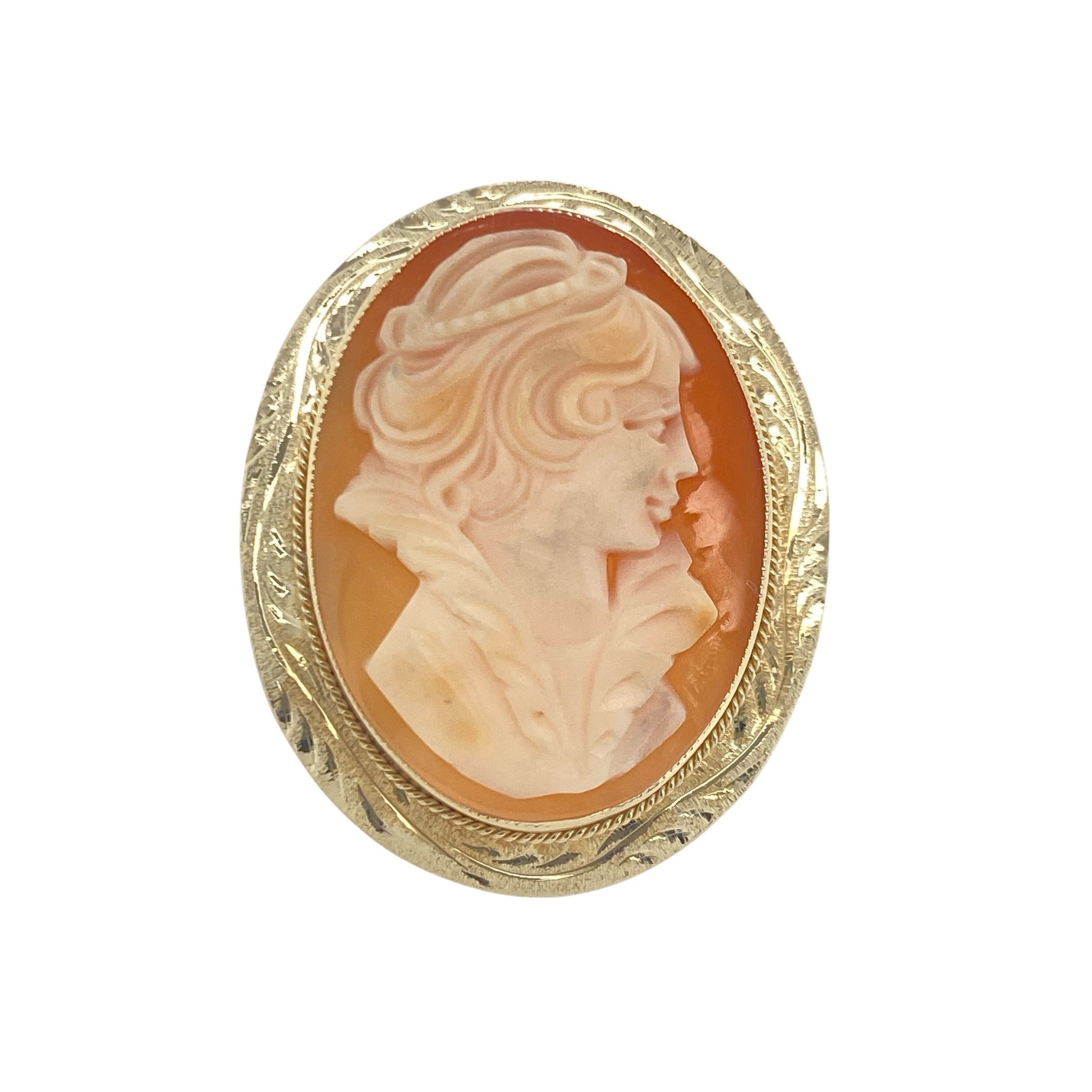 9ct Gold & Large Cameo Set Engraved Patterned Setting Ring