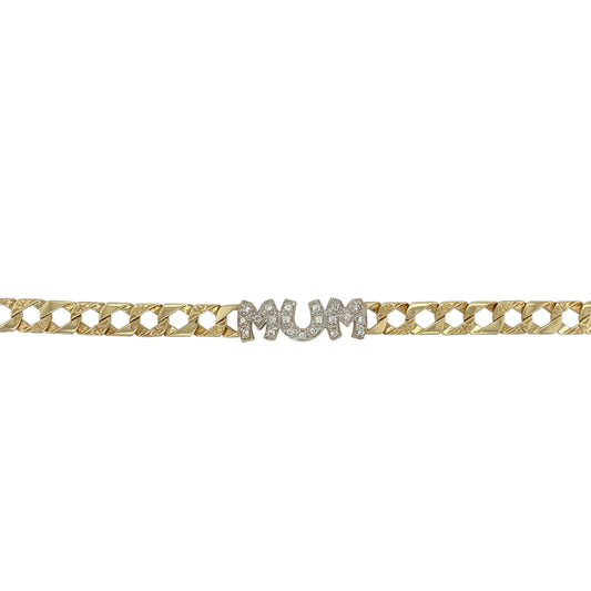 Bold and sentimental, this pre-owned 9ct yellow gold 'Mum' bracelet features sparkling cubic zirconia and a distinctive patterned design—perfect for celebrating a special bond with timeless style.
Design: The bracelet showcases a 7" Thailand-style patterned link chain, 7mm wide, with a central 'Mum' panel accented by shimmering cubic zirconia for added sparkle and meaning.