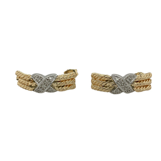 Bring bold design and intricate detail to your collection with these pre-owned 9ct yellow and white gold diamond kiss rope style bar stud earrings—perfect for making a statement with refined sparkle.
Design: Each earring features a rope-textured bar in yellow gold, crossed with a white gold ‘kiss’ design accented by diamonds for added brilliance.
Material: Made from 9-carat yellow and white gold, the two-tone finish offers contrast and depth while enhancing the sparkle of the diamonds.