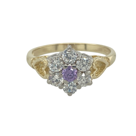9ct Gold Purple Stone & Cubic Zirconia Set Flower Cluster Ring