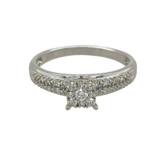 9ct White Gold & Diamond Princess Style Cluster Solitaire Ring