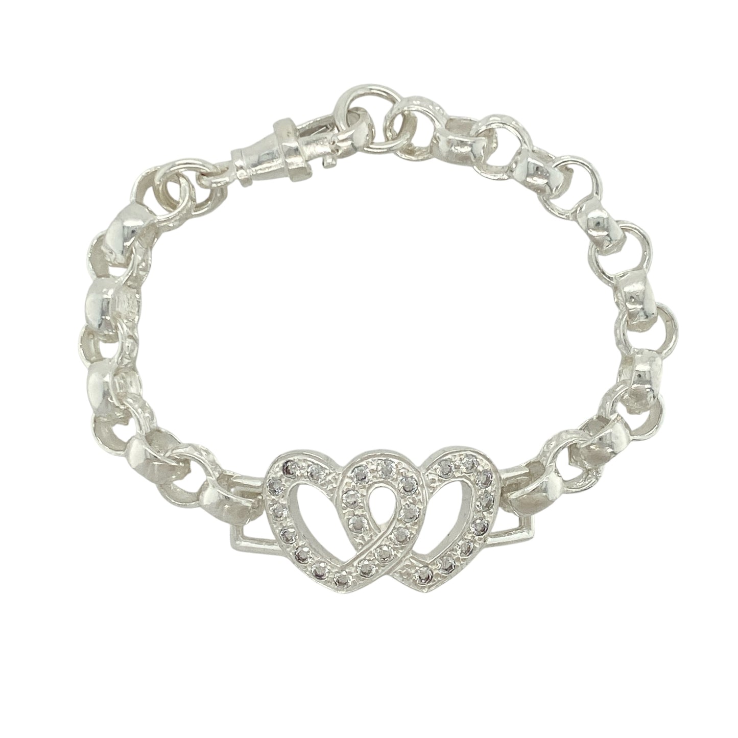 New 925 Silver & Cubic Zirconia Set 6" Double Heart Belcher Bracelet