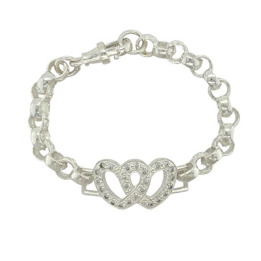 New 925 Silver & Cubic Zirconia Set 6" Double Heart Belcher Bracelet