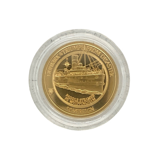 Celebrate history and heritage with this 22ct gold 2020 Dunkirk 80th Anniversary Sovereign Prestige Set, a limited-edition release honouring one of Britain’s most significant wartime moments—presented in a Hattons of London collector’s box.
Design: The set includes a quarter, half, and full sovereign, each struck with commemorative designs marking the 80th anniversary of the Dunkirk evacuation.