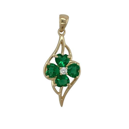 9ct Gold Green Stone & Cubic Zirconia Set Flower Pendant