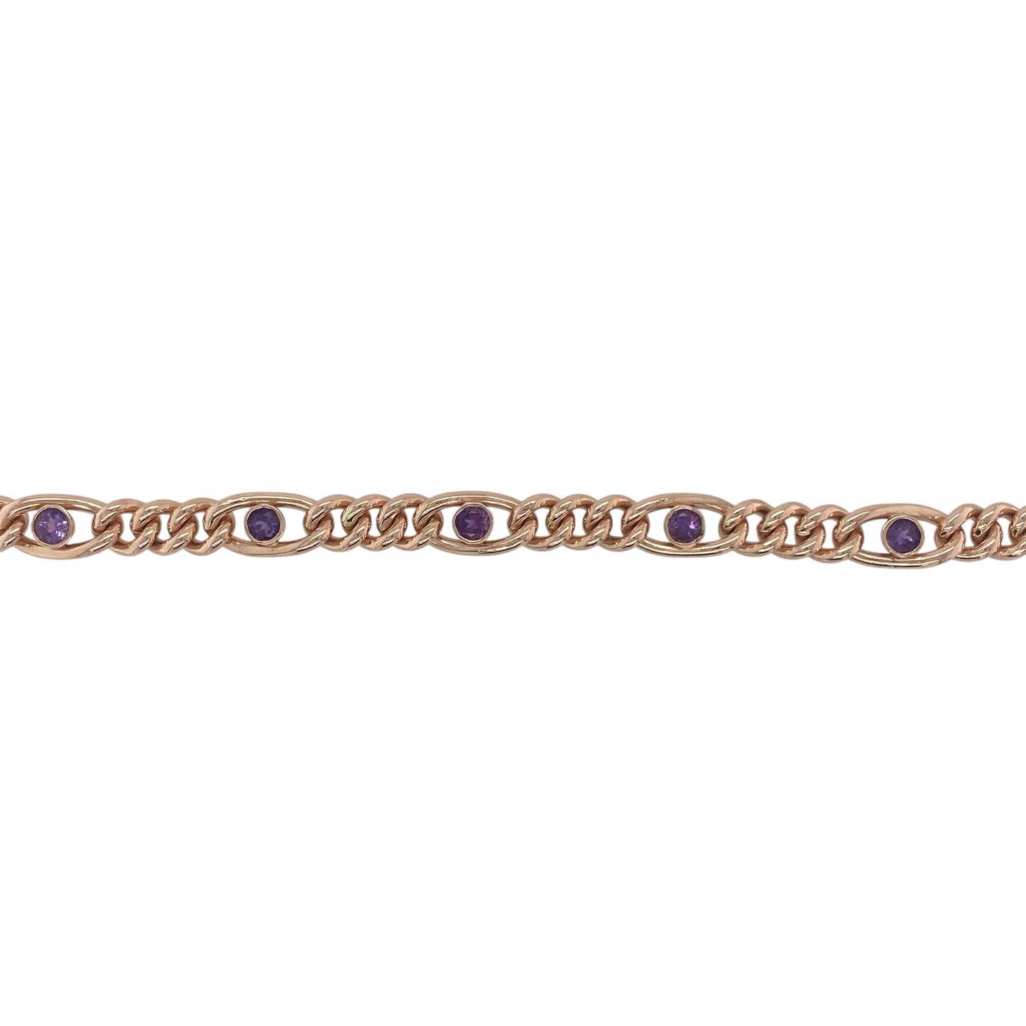 9ct Gold & Amethyst Set Vintage Figaro 7.5" Bracelet