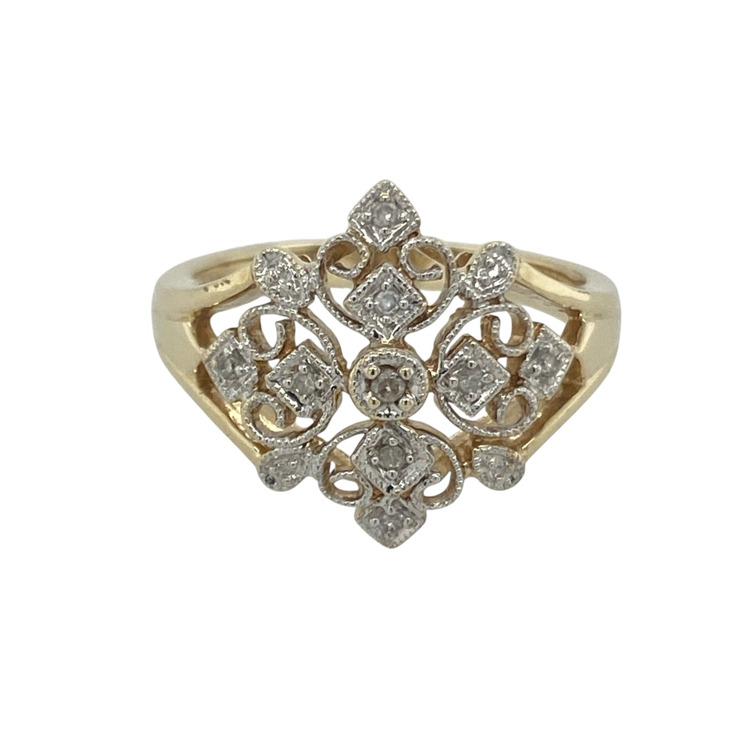 9ct Gold & Diamond Set Filigree Flower Design Ring