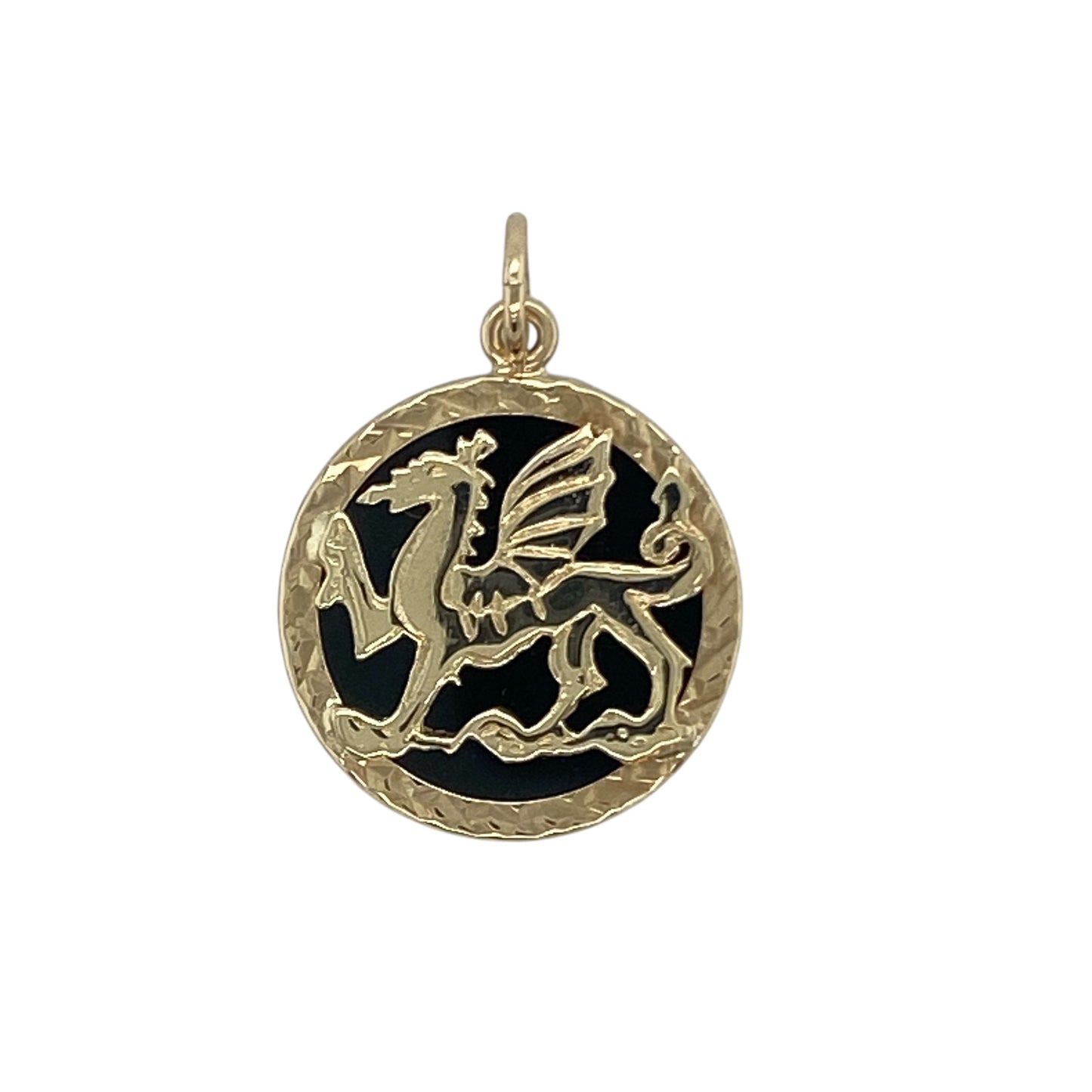 9ct Gold & Onyx Backed Welsh Dragon Circle Pendant
