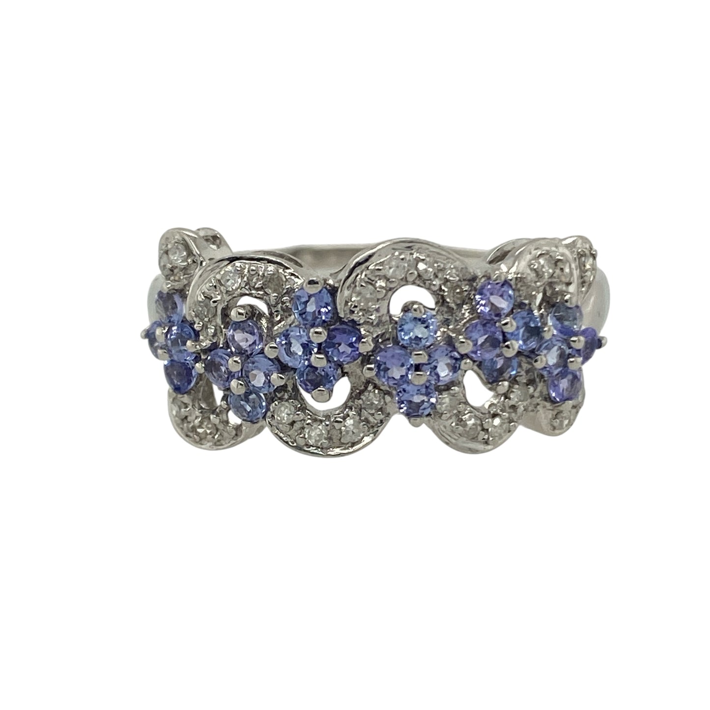 9ct White Gold Diamond & Tanzanite Set Flower Swirl Ring