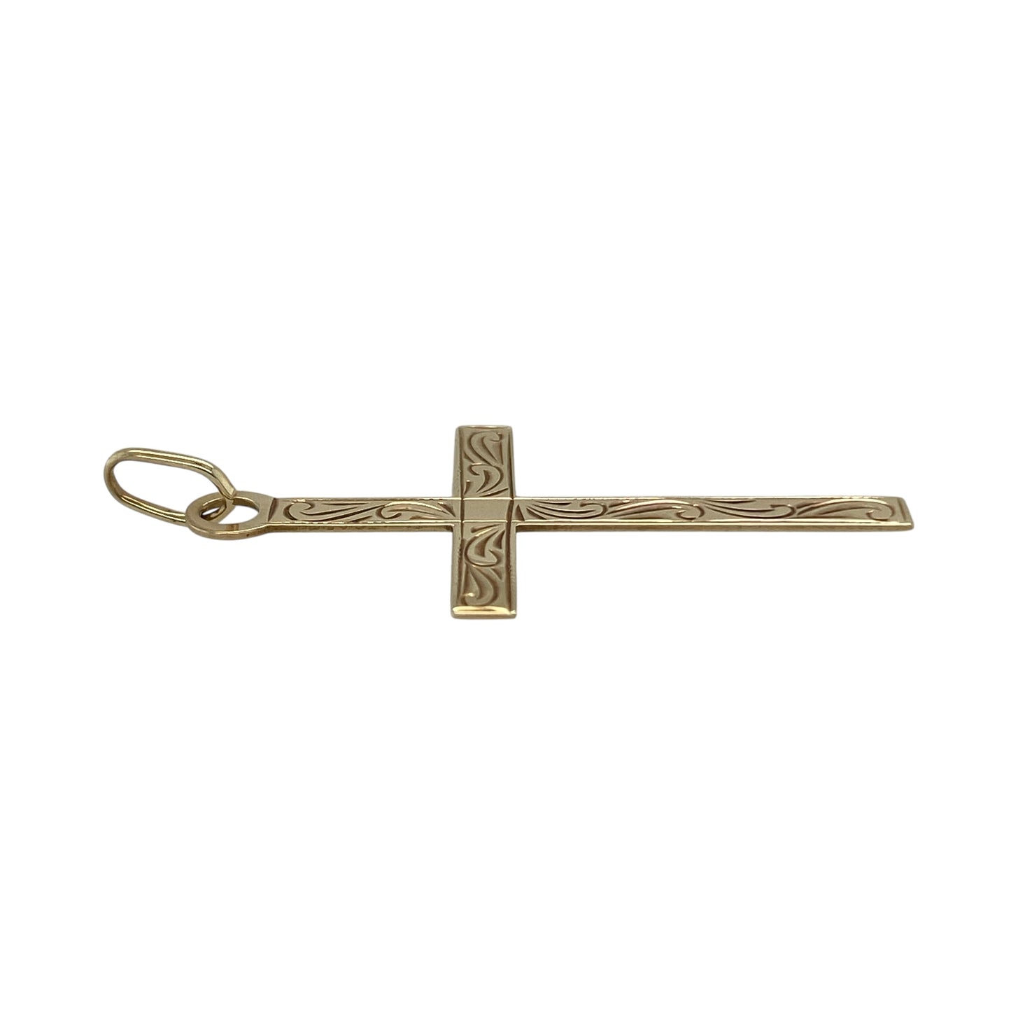 Bring faith and timeless elegance to your collection with this pre-owned 9ct yellow gold patterned cross pendant—a classic piece that beautifully combines spiritual meaning with refined design.
Design: The pendant features a traditional cross shape with intricate pattern detailing across the surface, adding texture and depth to its polished finish. The elegant design offers both simplicity and sophistication.
