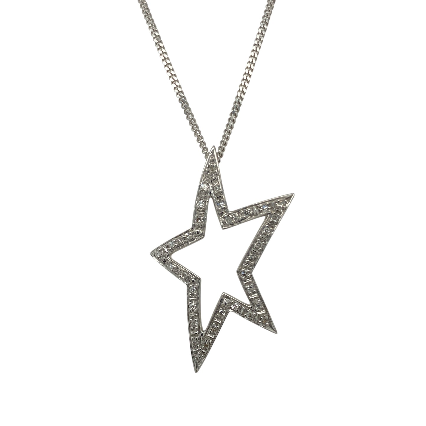 9ct White Gold & Diamond Set Open Star 18" Necklace