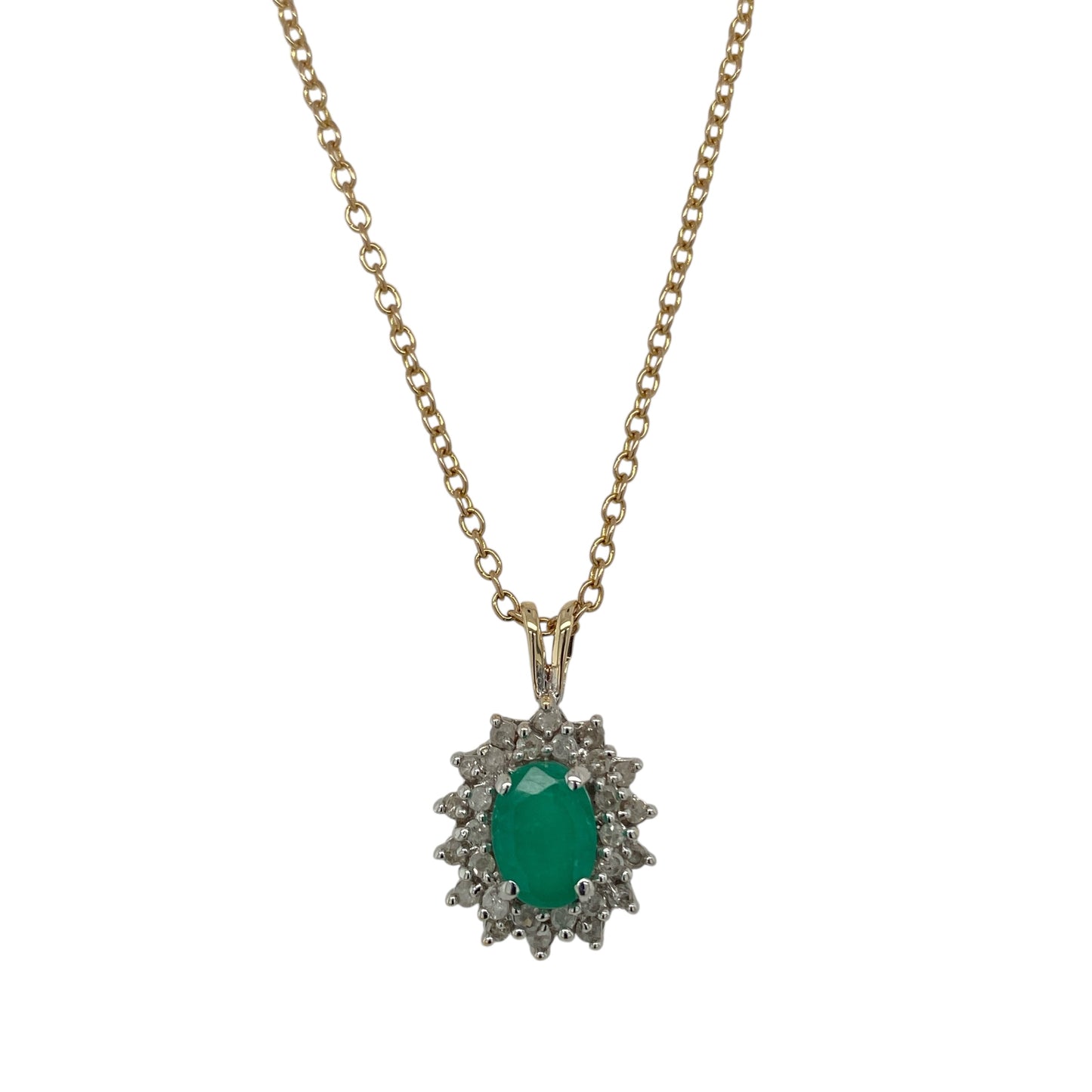 9ct Gold Diamond & Emerald Set Cluster 20" Necklace