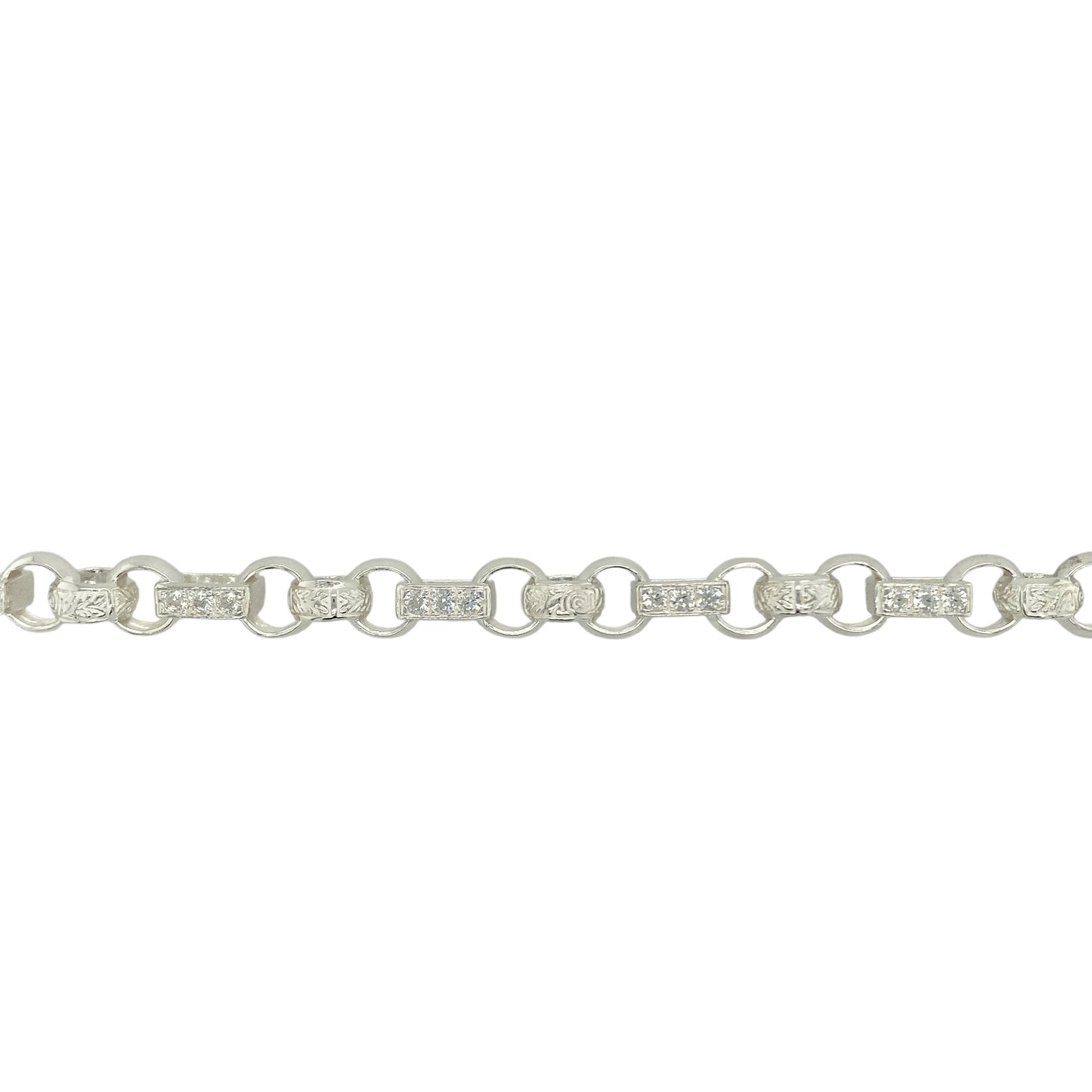 New 925 Silver & Cubic Zirconia Set 9" Patterned Gypsy Style Link Bracelet