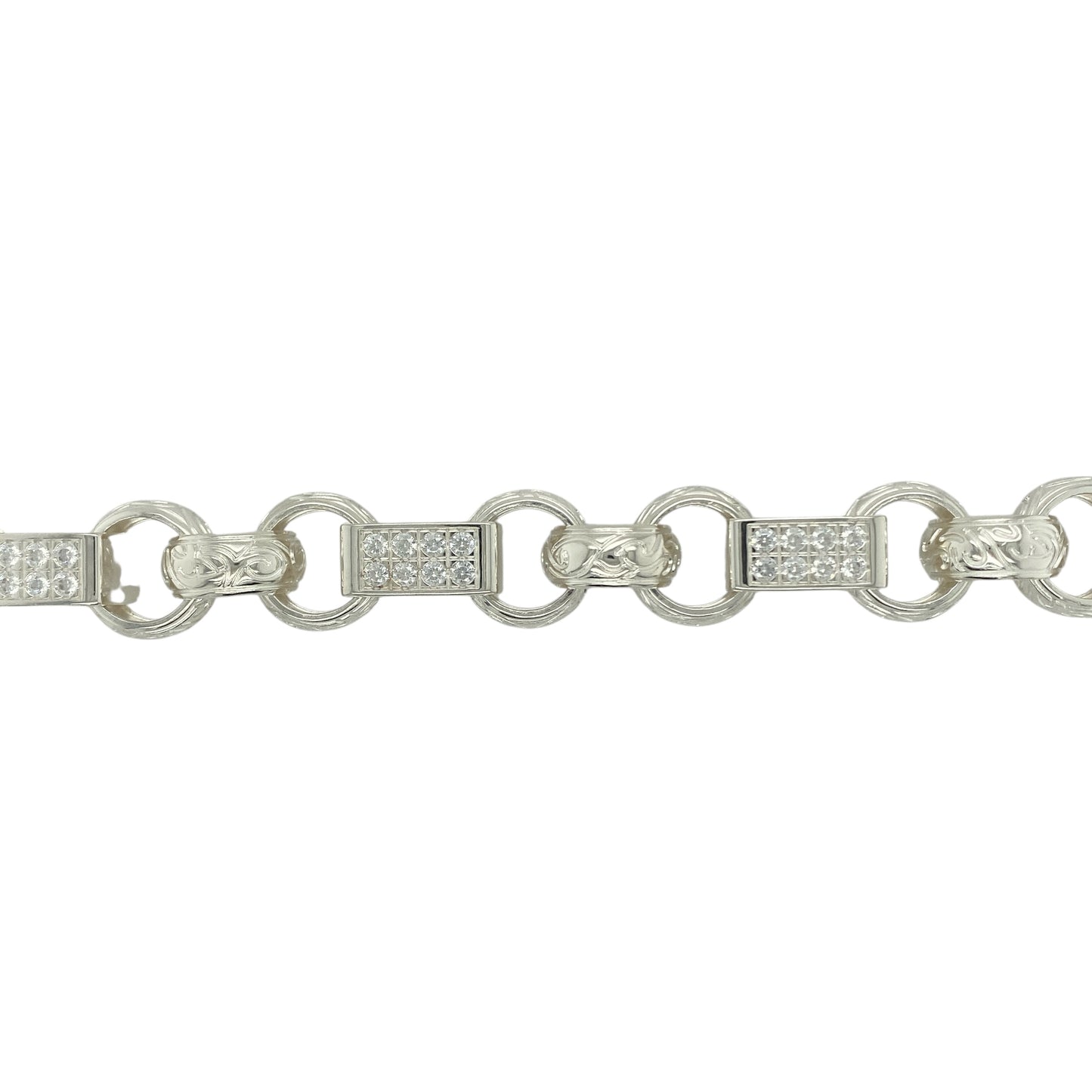 New 925 Silver & Cubic Zirconia Set 9.5" Patterned Gypsy Style Link Bracelet