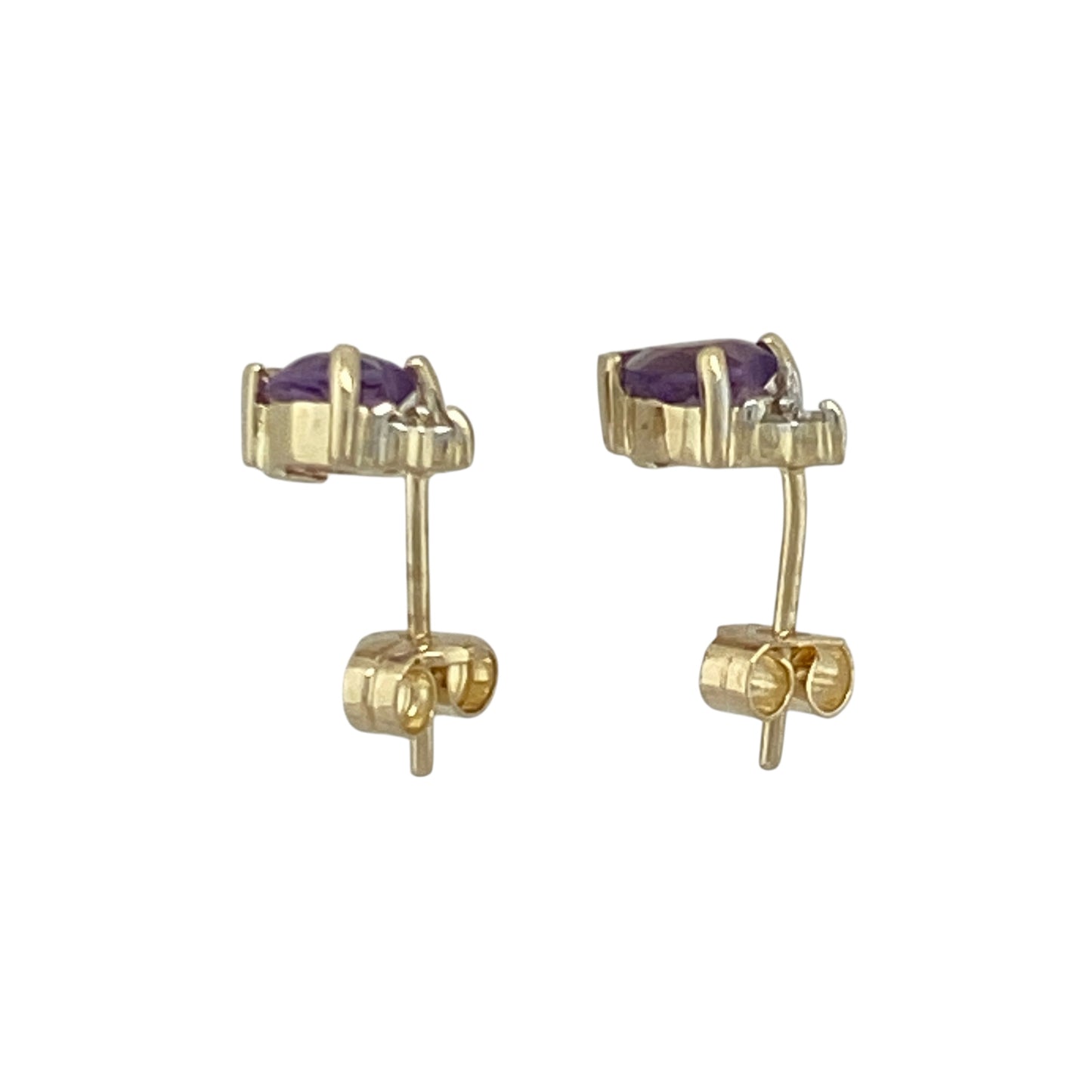 9ct Gold Diamond & Amethyst Set Heart Stud Earrings