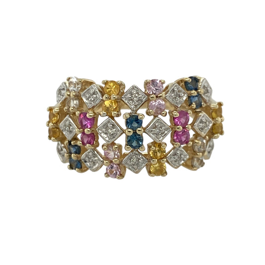 9ct Gold Diamond & Sapphire Set Open Design Wide Band Ring