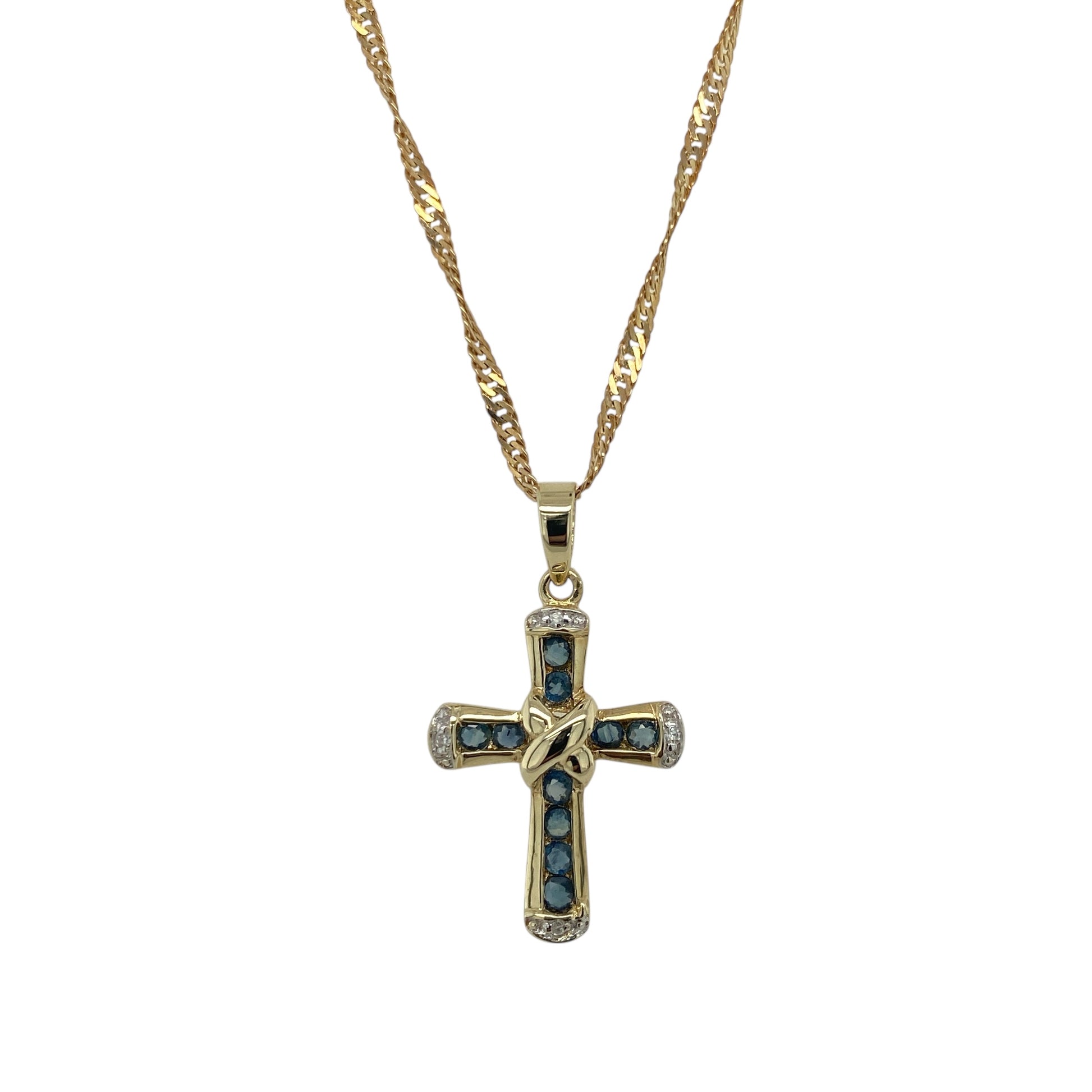 9ct Gold Diamond & Sapphire Set Cross 18" Necklace