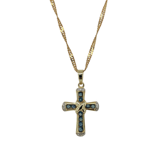 9ct Gold Diamond & Sapphire Set Cross 18" Necklace