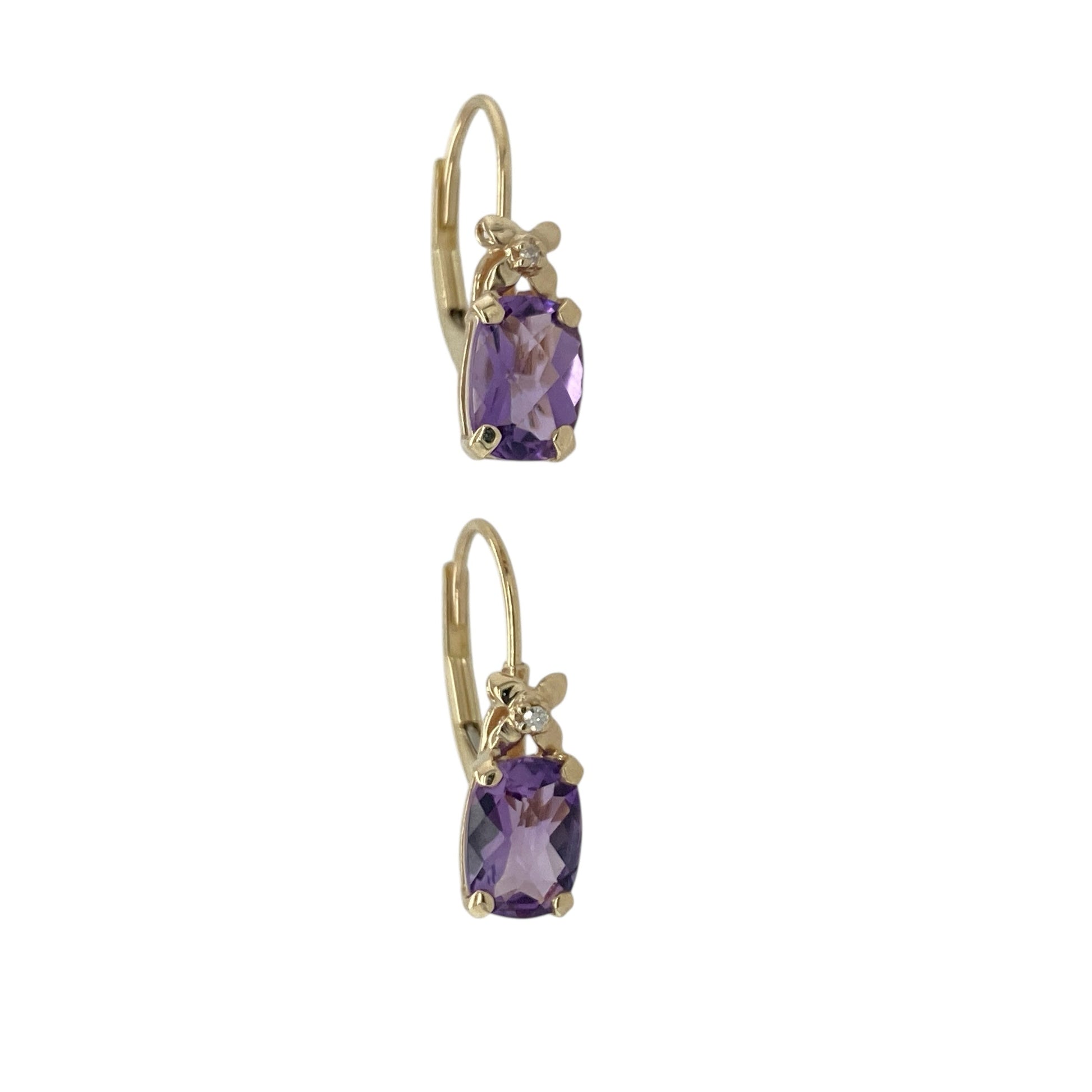 Pre-owned 9ct Yellow Gold Diamond & Amethyst Set Drop Earrings with the weight 1.30 grams. The oval amethyst stones are each 7mm by 5mm with a flower on the top of each stone