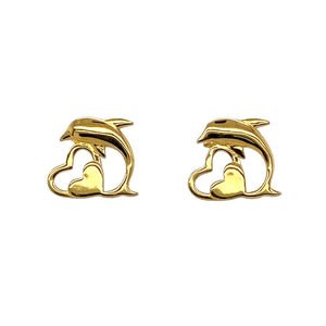 Preowned 18ct Yellow Gold Dolphin Heart Stud Earrings with the weight 1 gram