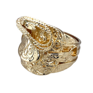 Preowned 9ct Yellow Gold Heavy Saddle Ring in size Z +2 with the weight 27.20 grams. The front of the ring is 2.5cm high