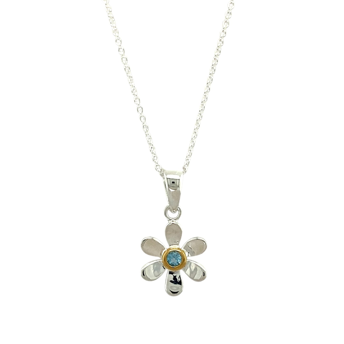 925 Silver & Blue Topaz Set Flower March Birthstone 16" - 18" Necklace