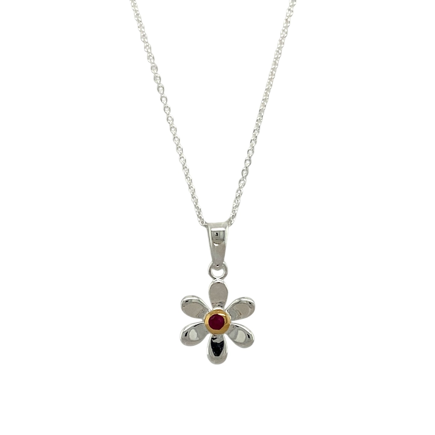 925 Silver & Ruby Set Flower July Birthstone 16" - 18" Necklace