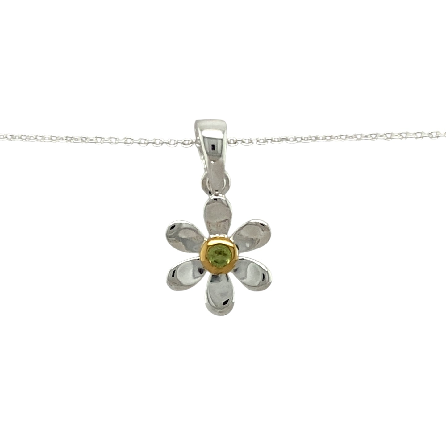 Add a touch of elegance and personal meaning to your jewellery collection with this new 925 silver & peridot set flower August birthstone pendant necklace, featuring:
Design: A delicate flower-shaped pendant, set with a vibrant peridot birthstone at its centre for a timeless and meaningful touch.
Material: 925 sterling silver, with a gold-plated setting around the peridot for added warmth and contrast.
Gemstone: Features a 2mm diameter peridot, known as the birthstone for August, symbolising strength and p