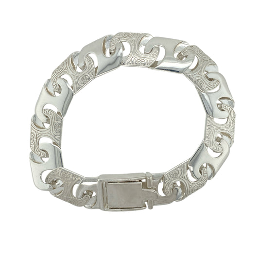 New 925 Silver 8" Patterned Bali Link Bracelet