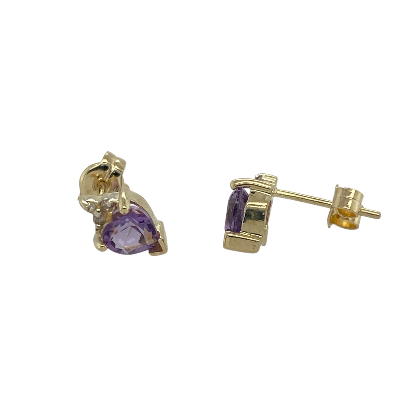 9ct Gold Diamond & Amethyst Set Heart Stud Earrings