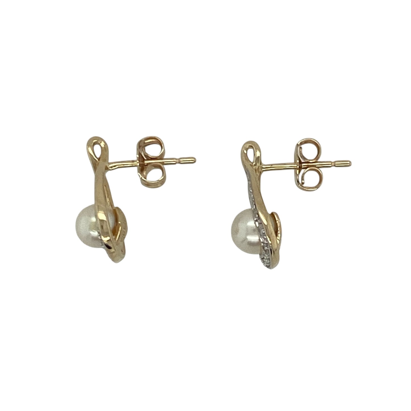9ct Gold Diamond & Pearl Set Swirl Stud Earrings