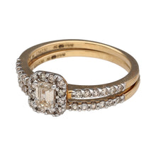 Load image into Gallery viewer, New 9ct Yellow Gold &amp; Diamond Rectangle/Baguette Halo Solitaire Engagement Ring with diamond set shoulders with the 9ct Yellow Gold &amp; Diamond set Wedding Band Ring. These rings are in size L with the the collective weight 2.80 grams. Collectively the set contains approximately 0.65ct of diamond content in total. The wedding band contains approximately 16pt and the teardrop solitaire ring contains approximately 50pt. The diamonds are approximate clarity Si and colour J - K
