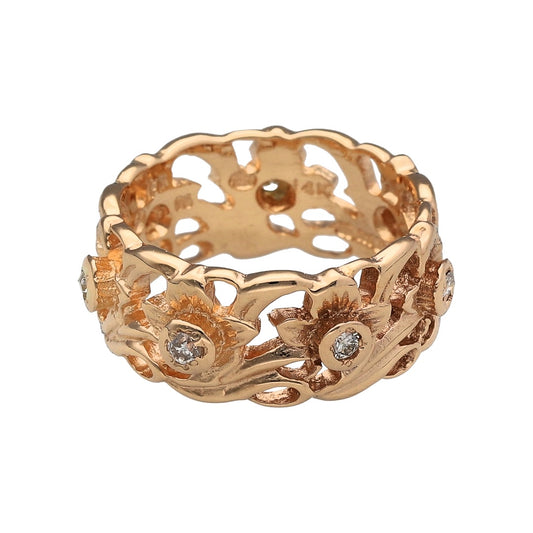 Preowned 14ct Rose Gold & Diamond Set Flower Wide Band Ring in size L with the weight 6.30 grams. The band is 8mm wide