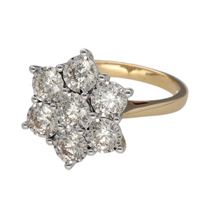 New 9ct Yellow and White Gold & Diamond Illusion Set Flower Cluster Ring in size N with the weight 5.20 grams. The front of the ring is 18mm high and there is approximately 2.12ct of diamond content in total. The diamonds are approximate clarity Si and colour J - K