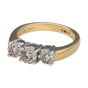New 9ct Yellow and White Gold & Diamond Set Trilogy Halo Ring in size N with the weight 4.20 grams. There is approximately 0.45ct of diamond content in total with approximate clarity Si and colour J - K
