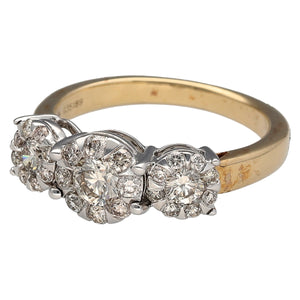 New 9ct Yellow and White Gold & Diamond Set Trilogy Halo Ring in size N with the weight 3.90 grams. There is approximately 1ct of diamond content in total with approximate clarity Si and colour J - K