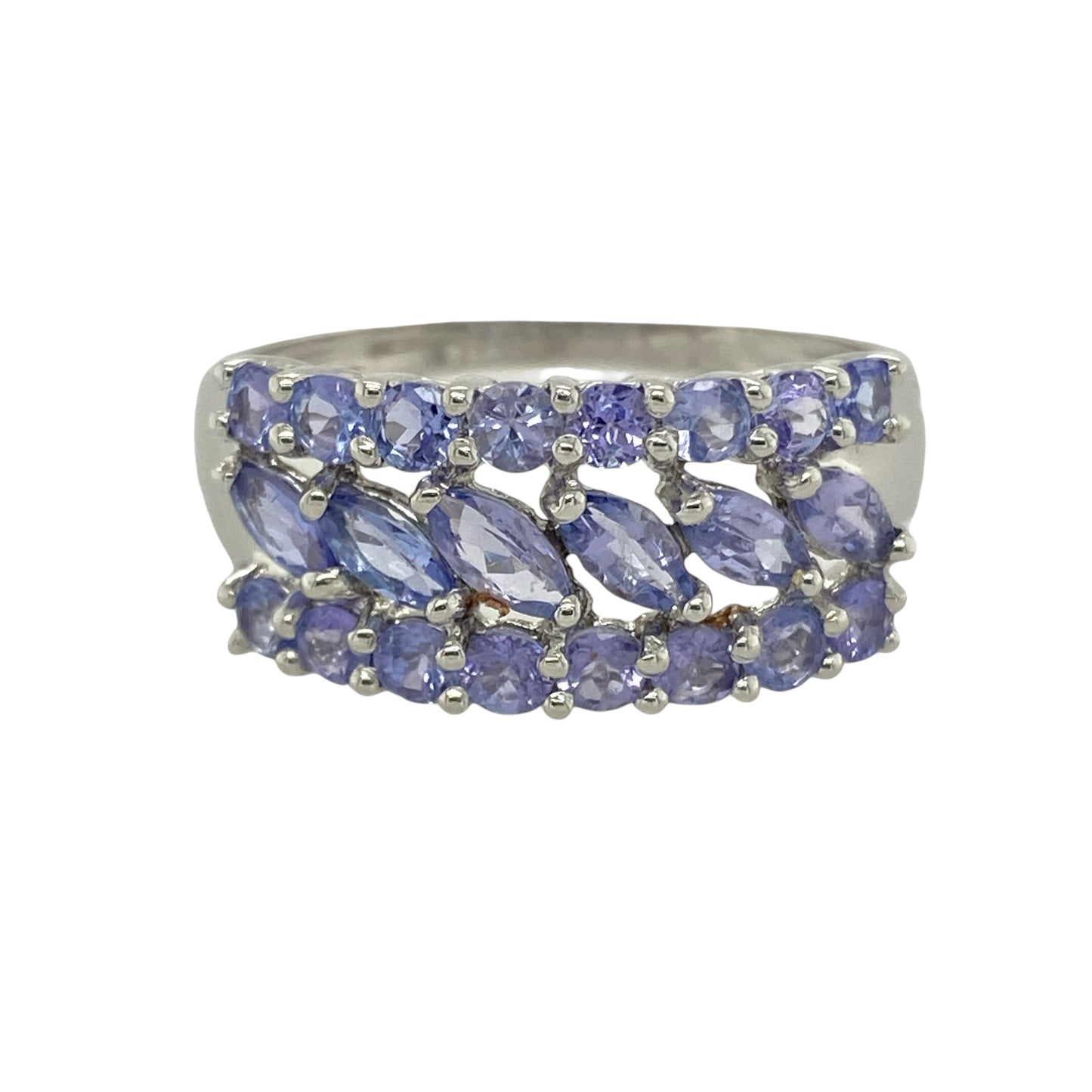 9ct White Gold & Tanzanite Set Three Row Wide Band Ring