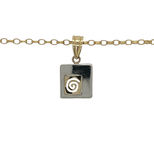 Add contemporary elegance to your jewellery collection with this pre-owned 9ct yellow and white gold swirl within a square pendant necklace, featuring a stylish two-tone design suspended from a classic 16-inch belcher chain.
Design: The necklace features a striking square-shaped pendant with an elegant white gold swirl flowing through the centre, creating a modern two-tone design with timeless appeal. Measuring approximately 2cm long including the bail, the pendant offers an eye-catching yet refined look.