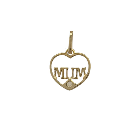 New 9ct Yellow Gold & Cubic Zirconia Mum Heart Pendant with the weight 0.30 grams. The pendant is approx 1.5cm by 1cm including the bail