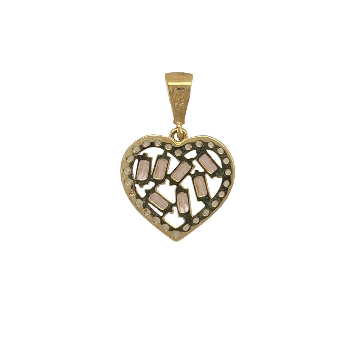 New 9ct Yellow Gold Pink and White Cubic Zirconia Cluster Heart Pendant with the weight 1 gram. The pendant is approx 1.2cm by 1.2cm including the bail