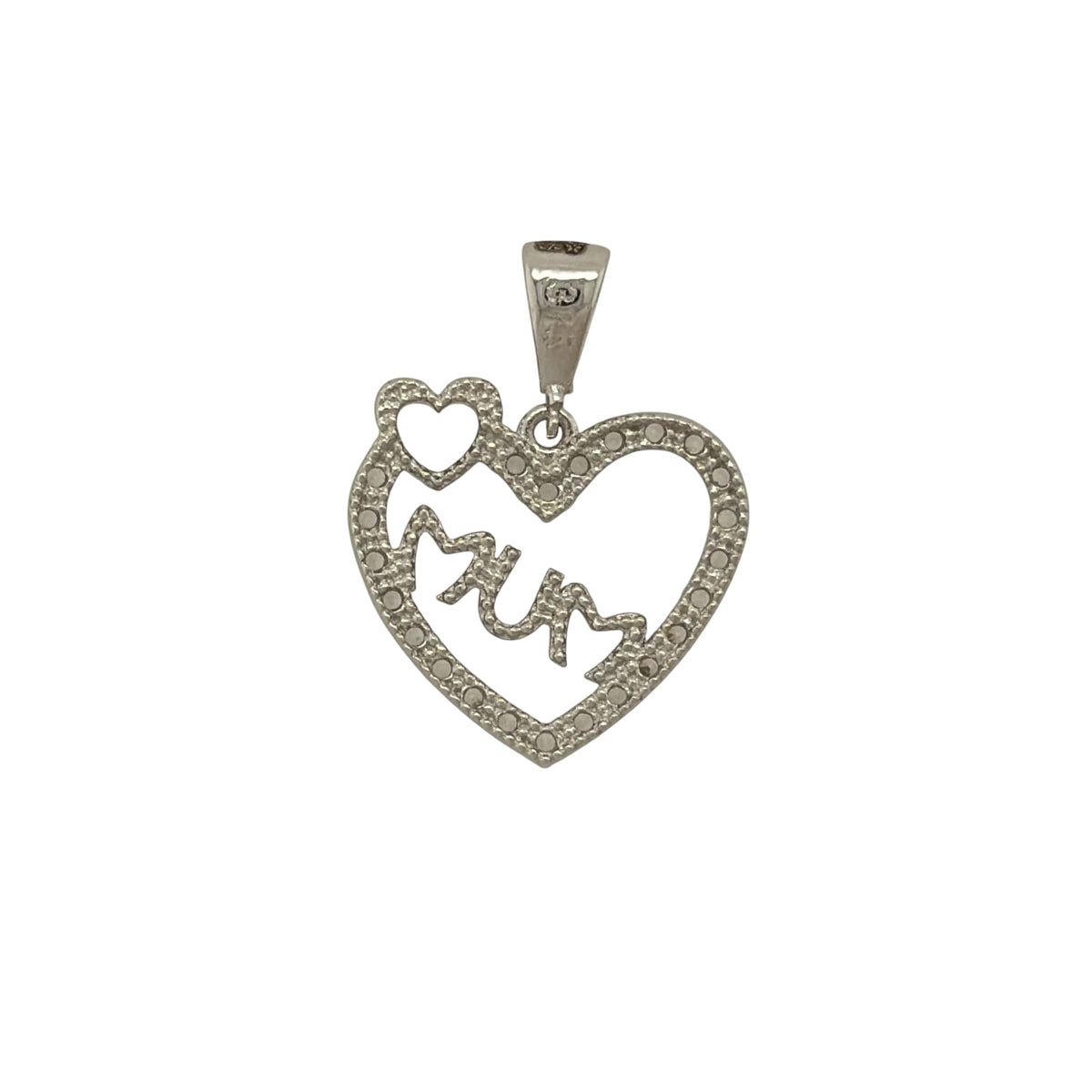 New 9ct White Gold & Cubic Zirconia Mum Heart Pendant with the weight 1.70 grams. The pendant is approx 1.8cm by 1.4cm including the bail