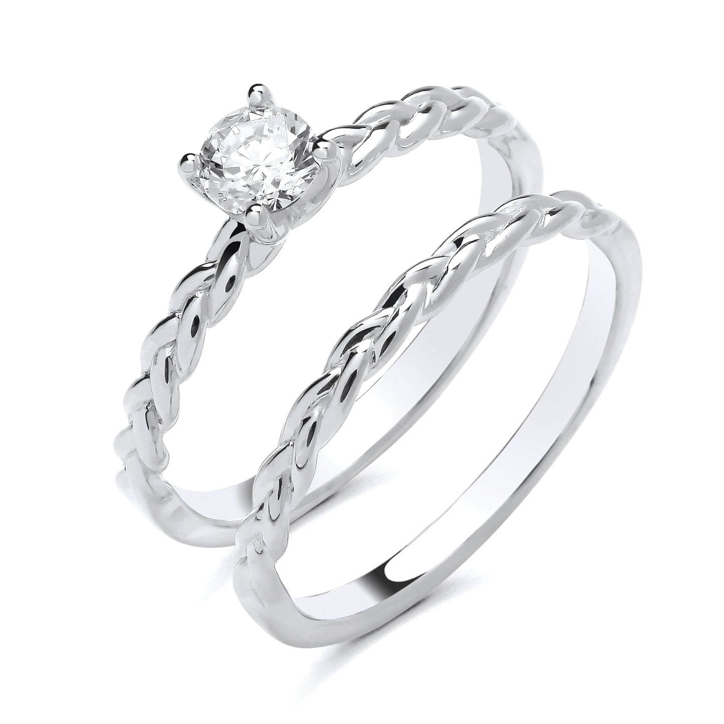New 925 Silver & Cubic Zirconia Set Twisted Band Bridal Set Rings in various sizes with the weight 3.40 grams. Stone size 4.5mm Diameter Width of Each Band 2mm