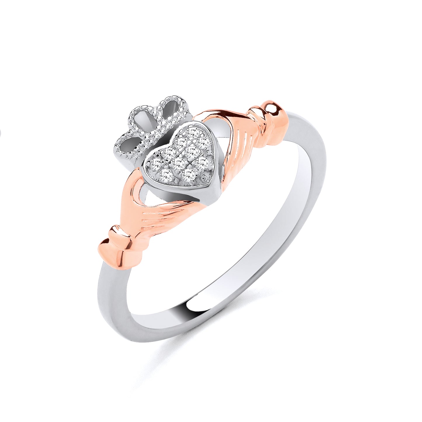 925 Silver & Cubic Zirconia Rose Gold Plated Claddagh Ring