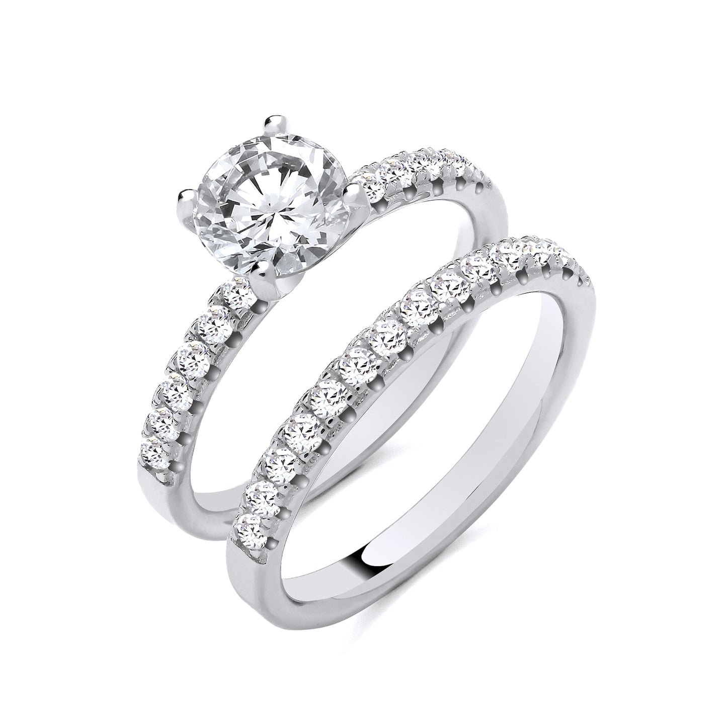 New 925 Silver & Cubic Zirconia Set Band Bridal Set Rings in various sizes with the weight 5.30 grams. Width of Each Band 2.5mm Principal Stone 7mm Diameter